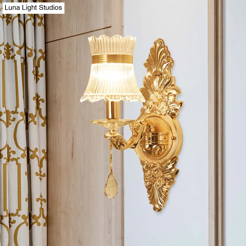Traditional Clear Ribbed Glass Wall Sconce Light With Gold Carved Arm - Flower/Sector Design