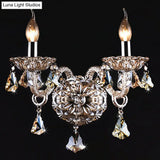 Traditional Cognac Crystal Wall Sconce Light Fixture For Bedroom - 2-Head Candle