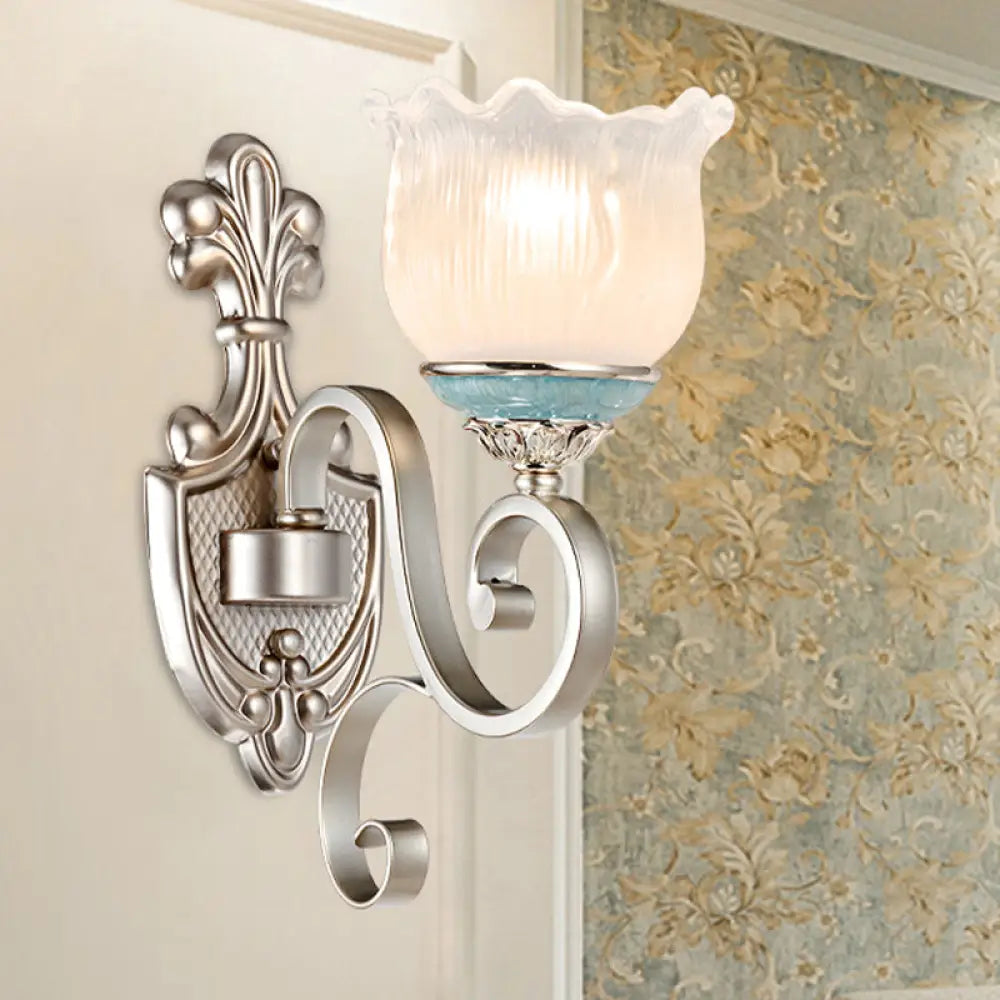 Traditional Cream Glass Blossom Wall Sconce Light With Scrolled Arm - Silver 1/2-Head Lighting 1 /