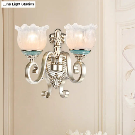 Traditional Cream Glass Blossom Wall Sconce Light With Scrolled Arm - Silver 1/2-Head Lighting
