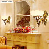Traditional Cream Glass Scalloped Wall Light With Antiqued Bronze Mount - 1 Head Bedroom Lamp