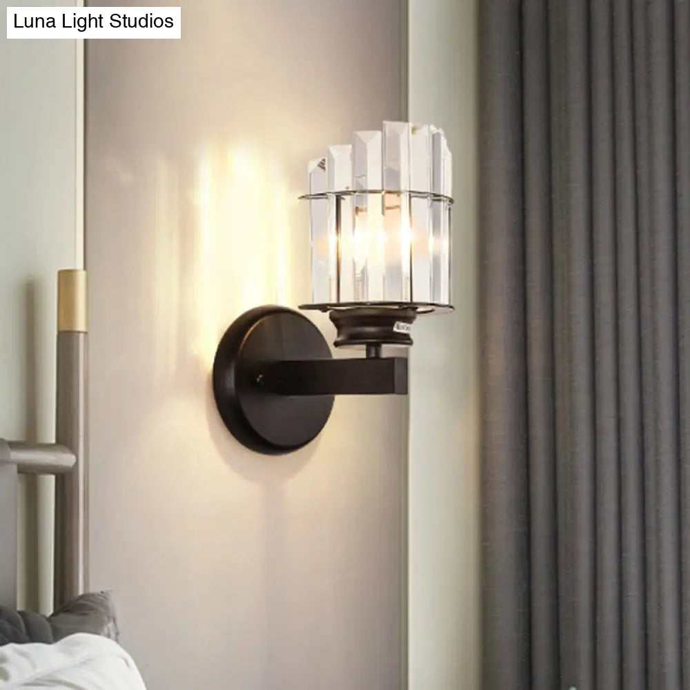Traditional Crystal Black Cylinder Wall Sconce Light With 1 Bulb Ideal For Sitting Room Decor