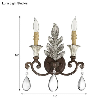 Traditional Crystal Candlestick Rust/Aged Silver Wall Sconce Light Fixture - Elegant Living Room