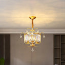 Traditional Crystal Chandelier - Gold Drum Shaped Suspension Lighting 4-Bulb Restaurant Light