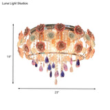 Traditional Crystal Flush Mount Light With Pink Drum Shade - 6/8 Bulbs Bedroom Close To Ceiling Lamp