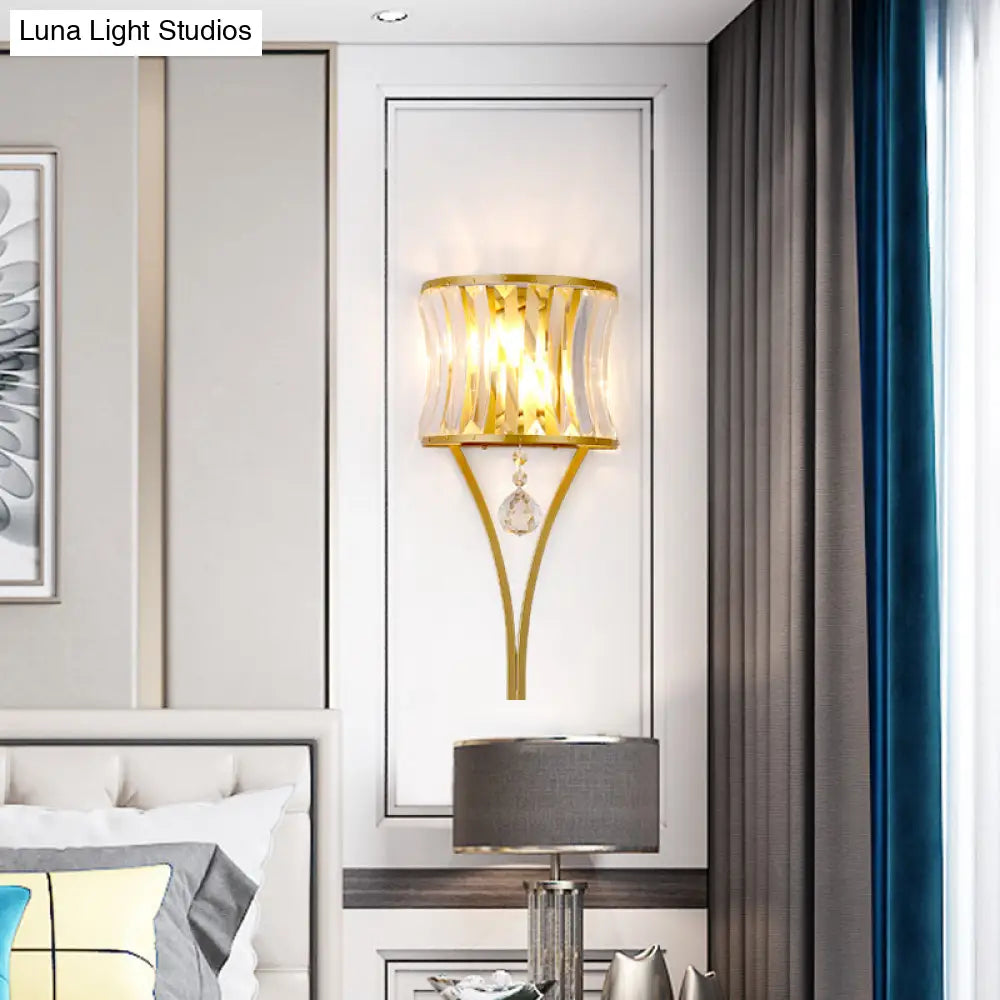Traditional Curved Crystal Flush Wall Sconce - 1-Light Bedside Lighting Fixture