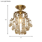 Traditional Curved Semi Flush Mount 1-Light Metal Ceiling Fixture With Clear/Cognac Crystal Droplet