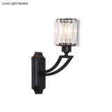 Traditional Cylinder Crystal Wall Sconce In Black Elegant Bedroom Mount Light Fixture