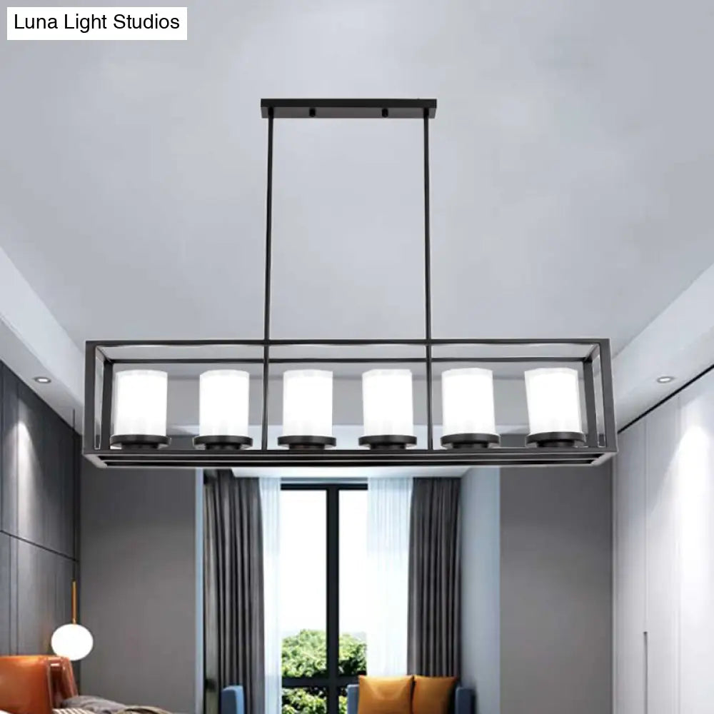 Traditional Cylinder Glass Island Light With Black Rectangle Frame - 3/6 Lights Dining Room Hanging