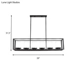 Traditional Cylinder Glass Island Light With Black Rectangle Frame - 3/6 Lights Dining Room Hanging