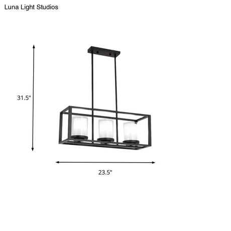 Traditional Cylinder Glass Island Light With Black Rectangle Frame - 3/6 Lights Dining Room Hanging