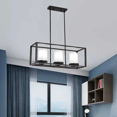 Traditional Cylinder Glass Island Light With Black Rectangle Frame - 3/6 Lights Dining Room Hanging