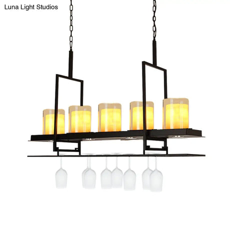 Traditional Cylinder Glass Island Light With Inner Yellow Marble Shade - 3/5 Lights Dining Room