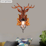 Traditional Deer Head Wall Sconce Lighting: 1-Light Resin Lamp In Brown With Stylish Cage Fixture