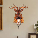 Traditional Deer Head Wall Sconce Lighting: 1-Light Resin Lamp In Brown With Stylish Cage Fixture