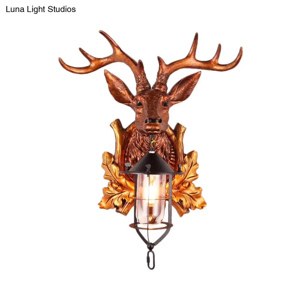 Traditional Deer Head Wall Sconce Lighting: 1-Light Resin Lamp In Brown With Stylish Cage Fixture
