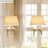 Traditional Fabric Trapezoid Hanging Light Kit - White Pendant Lighting With Bird