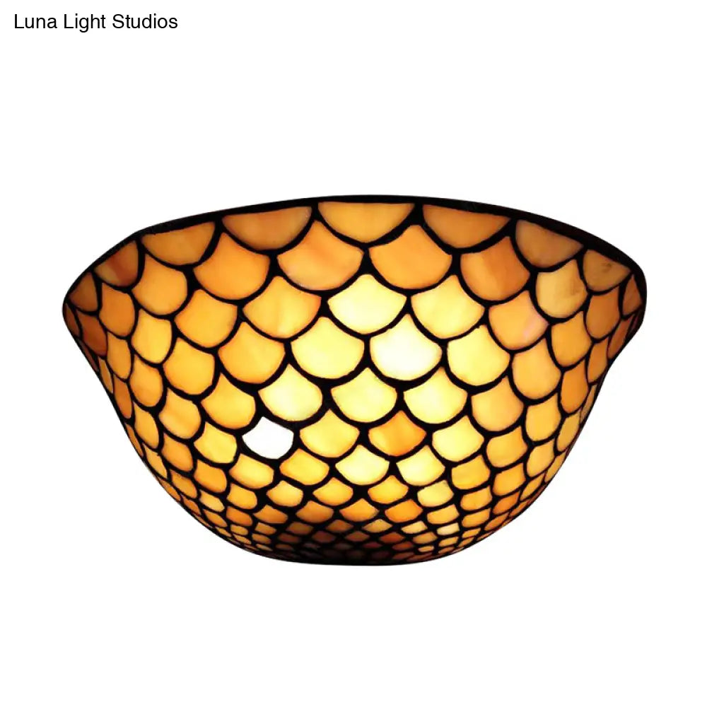 Traditional Fish Scale Sconce Lighting - Beige Glass 2 Lights For Staircase Wall Mount