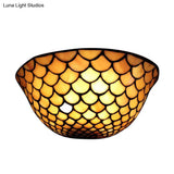 Traditional Fish Scale Sconce Lighting - Beige Glass 2 Lights For Staircase Wall Mount