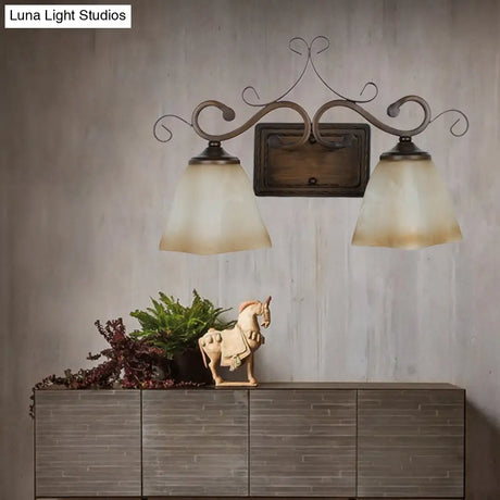 Traditional Flared Frosted Glass Vanity Lighting With 2 Beige Wall Mounted Lights For Bathroom
