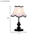 Traditional Flared Night Lamp With Fabric Shade And Scalloped Trim - Black