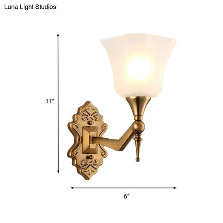 Traditional Flared Wall Sconce Light In Gold With Frosted Glass Shade For Bathroom
