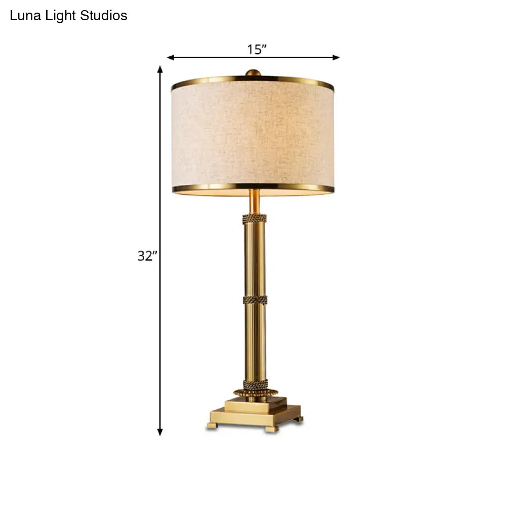Traditional Flaxen Bedroom Task Light With Drum Fabric Shade - 1-Light Study Lighting
