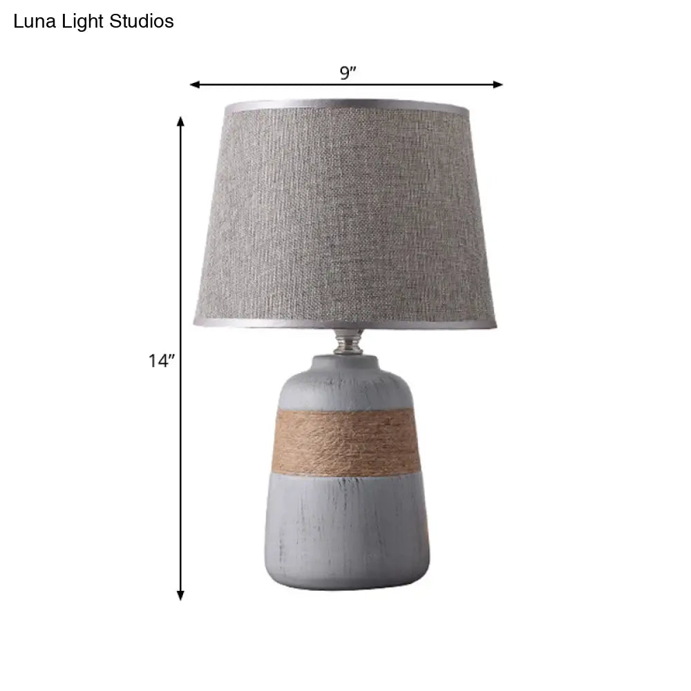 Traditional Flaxen/Grey Nightstand Lamp With Ceramic Base - 1-Light Fabric Drum Desk Light