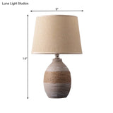 Traditional Flaxen/Grey Nightstand Lamp With Ceramic Base - 1-Light Fabric Drum Desk Light