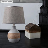Traditional Flaxen/Grey Nightstand Lamp With Ceramic Base - 1-Light Fabric Drum Desk Light