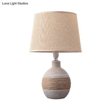 Traditional Flaxen/Grey Nightstand Lamp With Ceramic Base - 1-Light Fabric Drum Desk Light