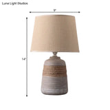 Traditional Flaxen/Grey Nightstand Lamp With Ceramic Base - 1-Light Fabric Drum Desk Light