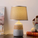 Traditional Flaxen/Grey Nightstand Lamp With Ceramic Base - 1-Light Fabric Drum Desk Light Grey /