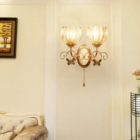 Traditional Floral Living Room Wall Mount Light With Textured Glass And Gold Fixture 2 / A