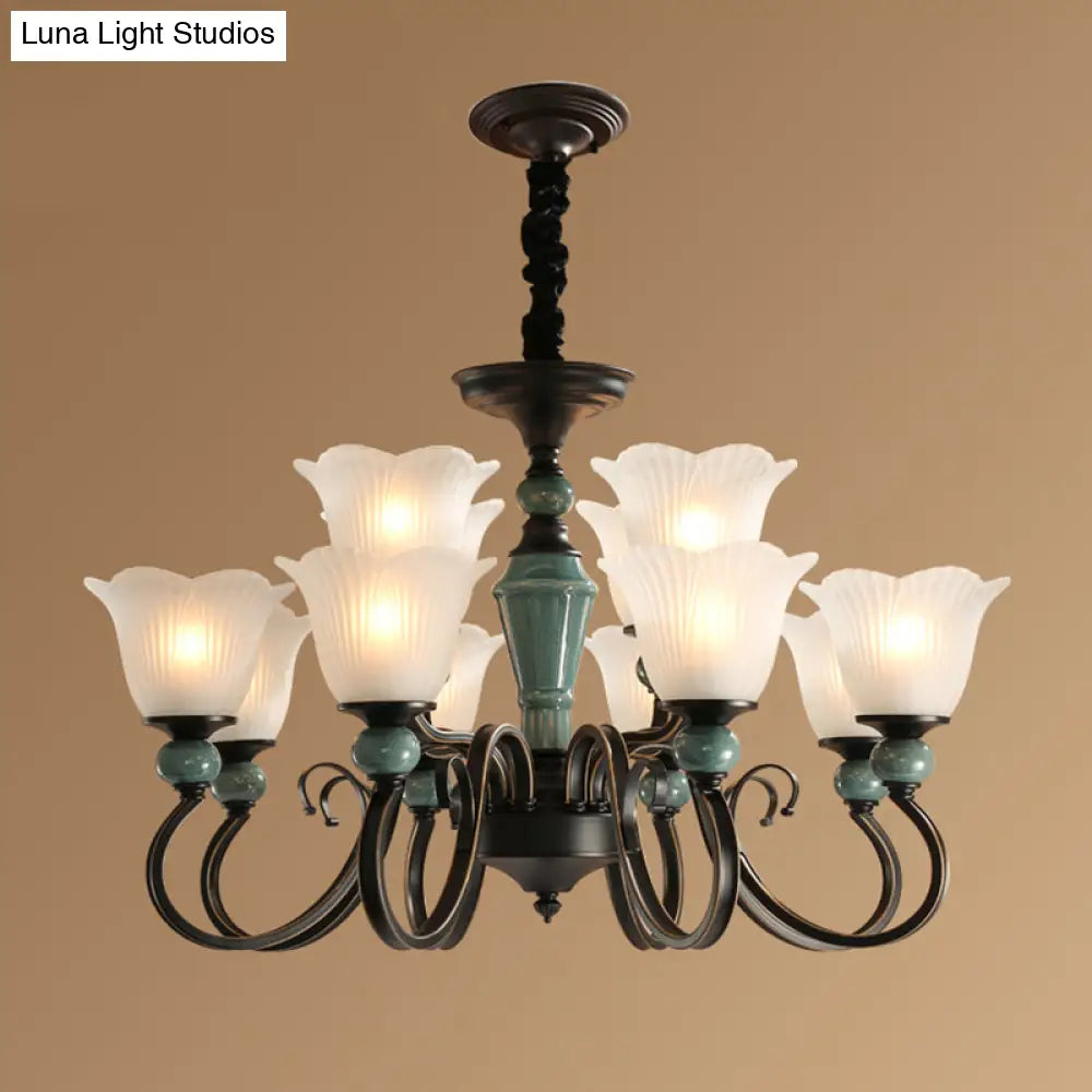Traditional Flower Shade Ruffled Glass Ceiling Chandelier For Living Room Lighting