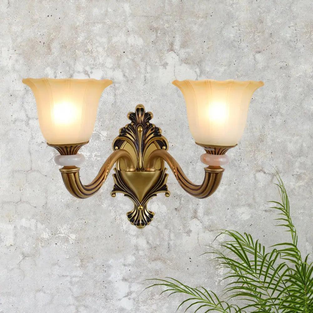Traditional Flower-Shape Opal Glass Wall Sconce Light Fixture In Brass 2 / A