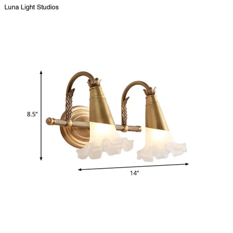 Traditional Flower Wall Lamp - 1/2-Light Frosted Glass Sconce In Gold For Bathroom