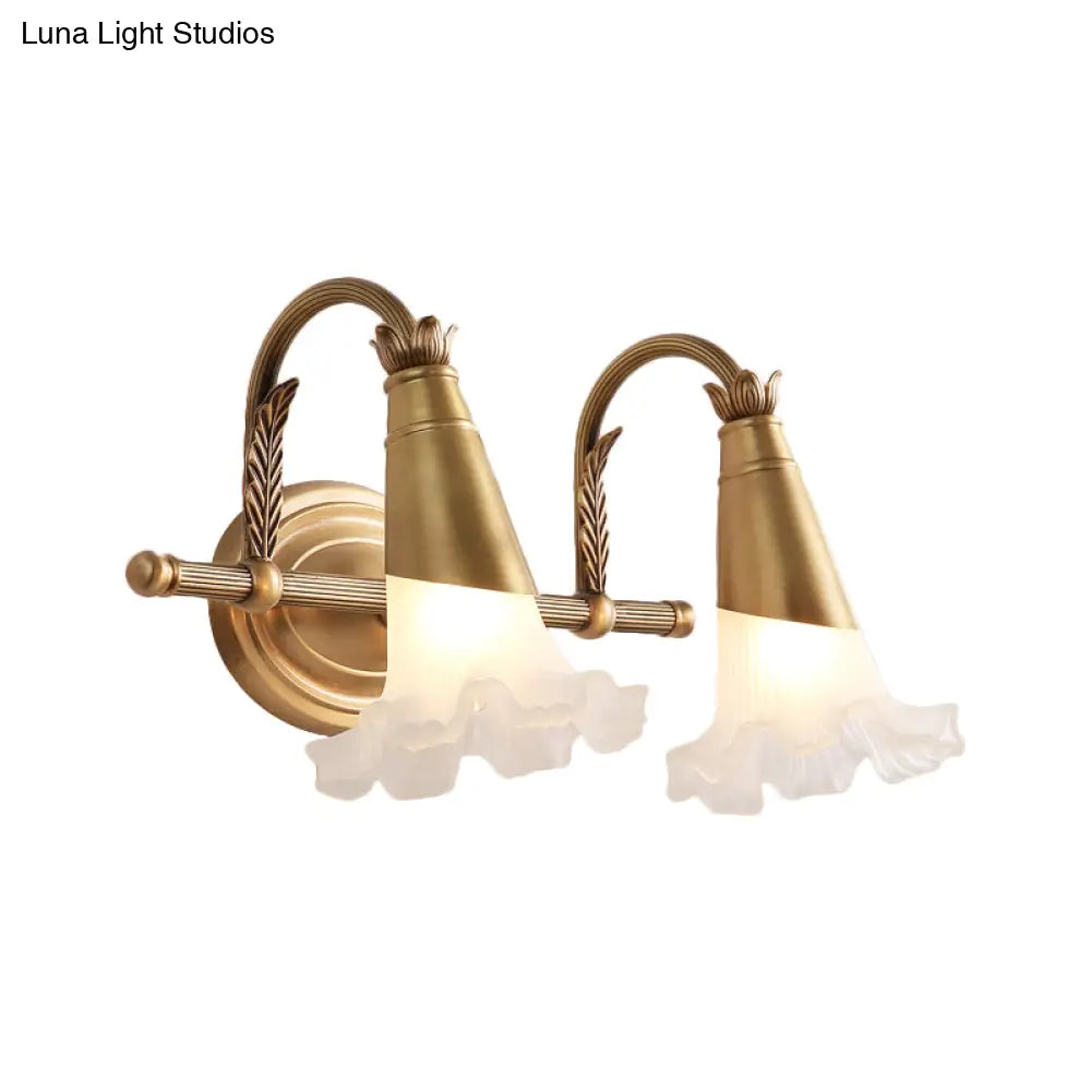 Traditional Flower Wall Lamp - 1/2-Light Frosted Glass Sconce In Gold For Bathroom