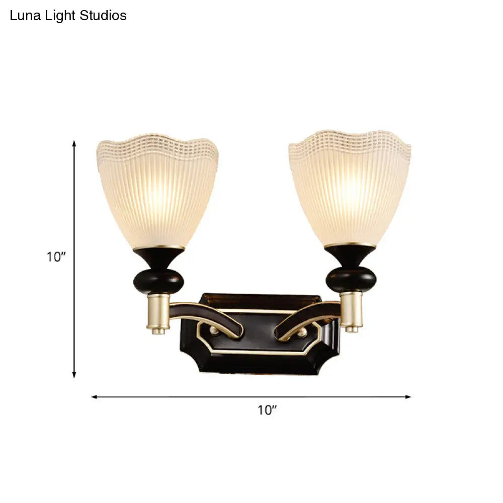 Traditional Flower Wall Light With Prismatic White Glass Sconce Lamp In Black