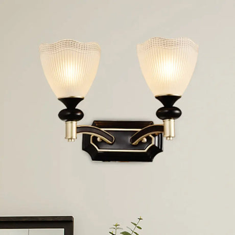 Traditional Flower Wall Light With Prismatic White Glass Sconce Lamp In Black 2 /