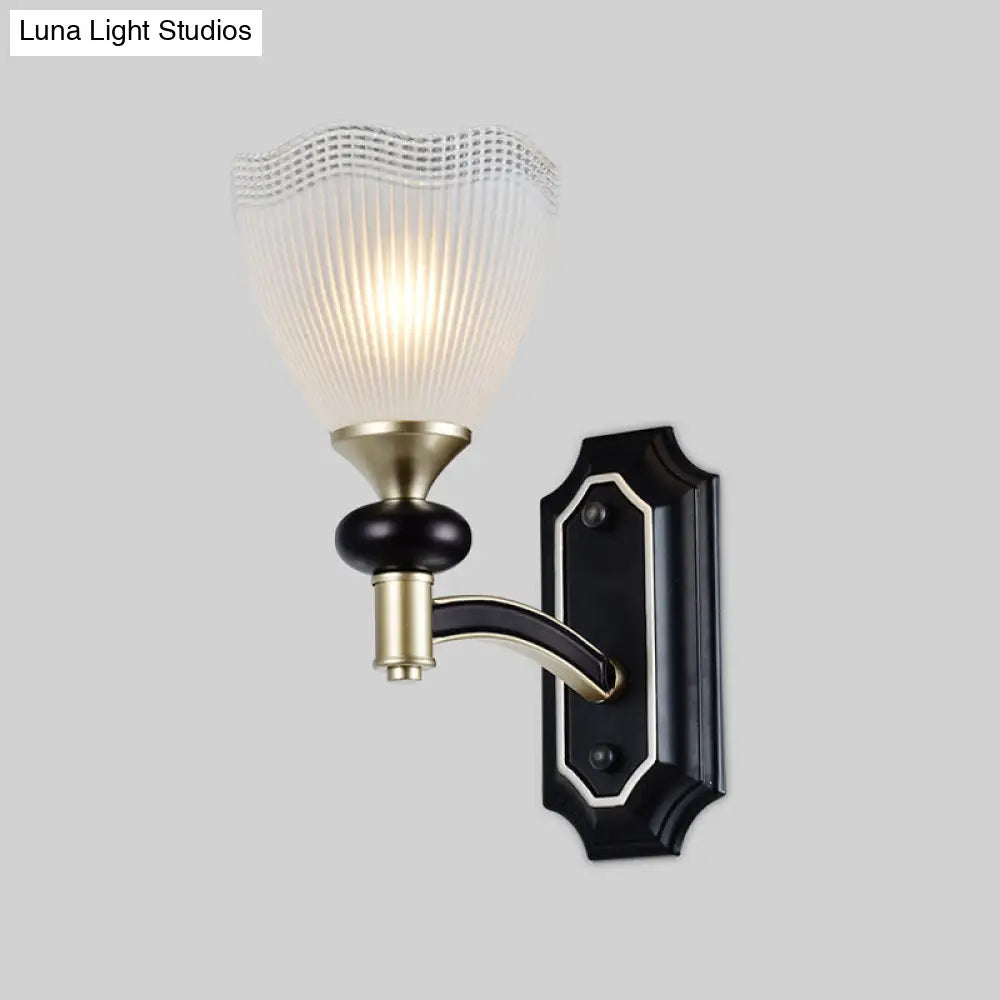 Traditional Flower Wall Light With Prismatic White Glass Sconce Lamp In Black
