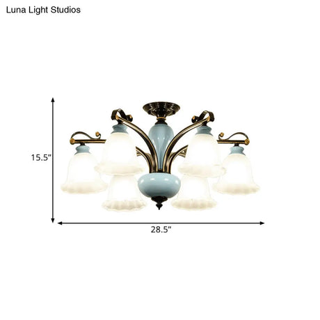 Traditional Flower White Glass Semi-Flush Ceiling Light - Bedroom Lamp (6/8 Heads)