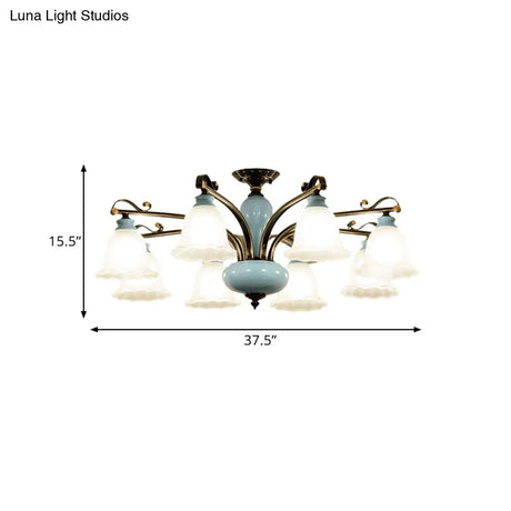 Traditional Flower White Glass Semi-Flush Ceiling Light - Bedroom Lamp (6/8 Heads)