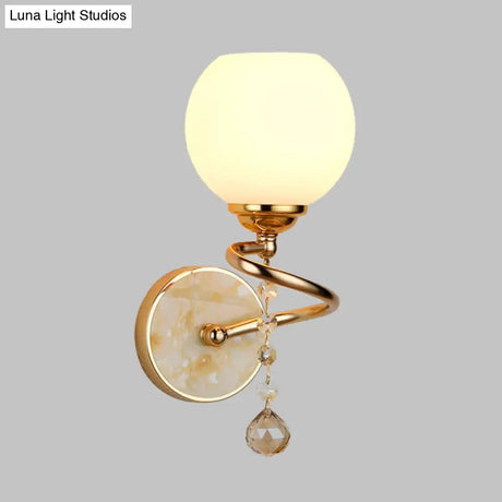 Traditional Frosted Glass Dome Sconce Light With Crystal Ball And Gold/Chrome Wall Mount