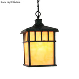 Traditional Frosted Glass Lantern Pendant: 1-Light Black Suspension Light For Corridors