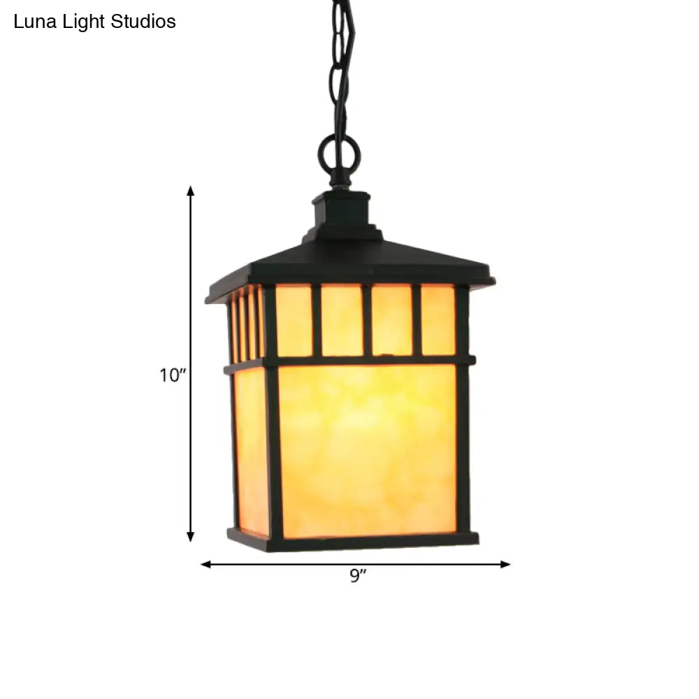 Traditional Frosted Glass Lantern Pendant: 1-Light Black Suspension Light For Corridors