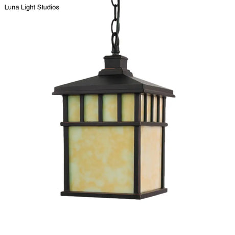 Traditional Frosted Glass Lantern Pendant: 1-Light Black Suspension Light For Corridors