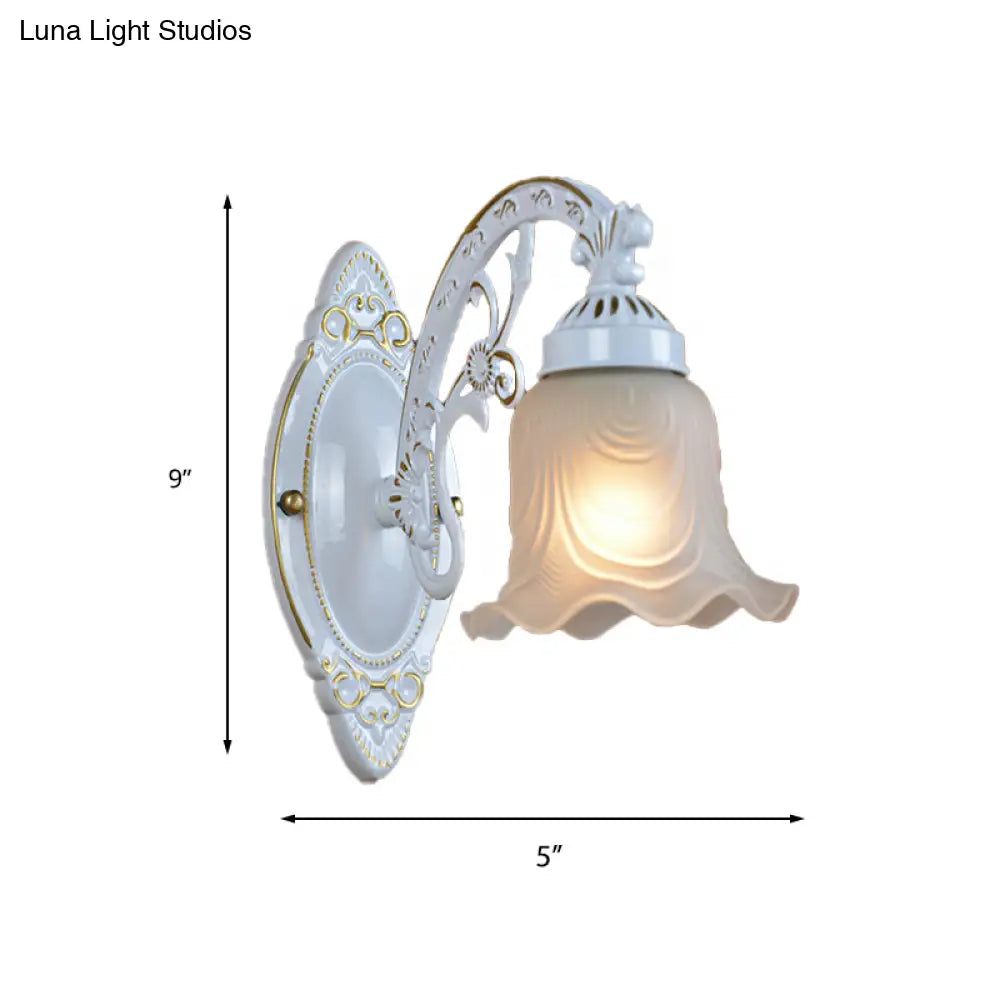 Traditional Frosted Glass Wall Lamp With Curvy Metal Arm - Flower Bedroom Light Fixture