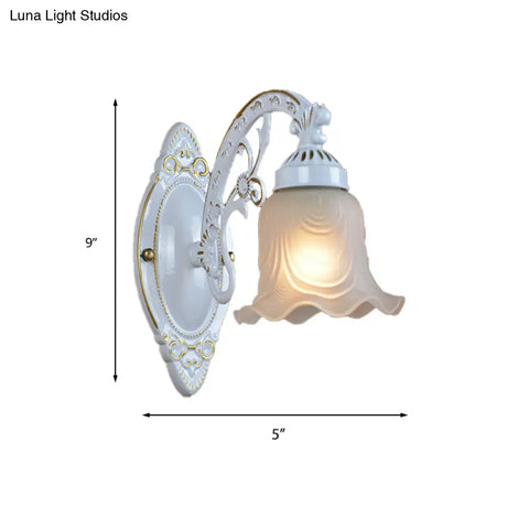 Traditional Frosted Glass Wall Lamp With Curvy Metal Arm - Flower Bedroom Light Fixture
