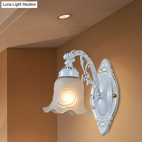 Traditional Frosted Glass Wall Lamp With Curvy Metal Arm - Flower Bedroom Light Fixture
